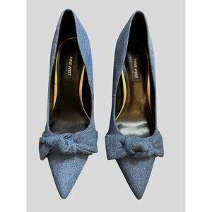 New Nine West Womens Blue Denim Pointed Toe Heels Bow Gold Stiletto Heel Size 7
